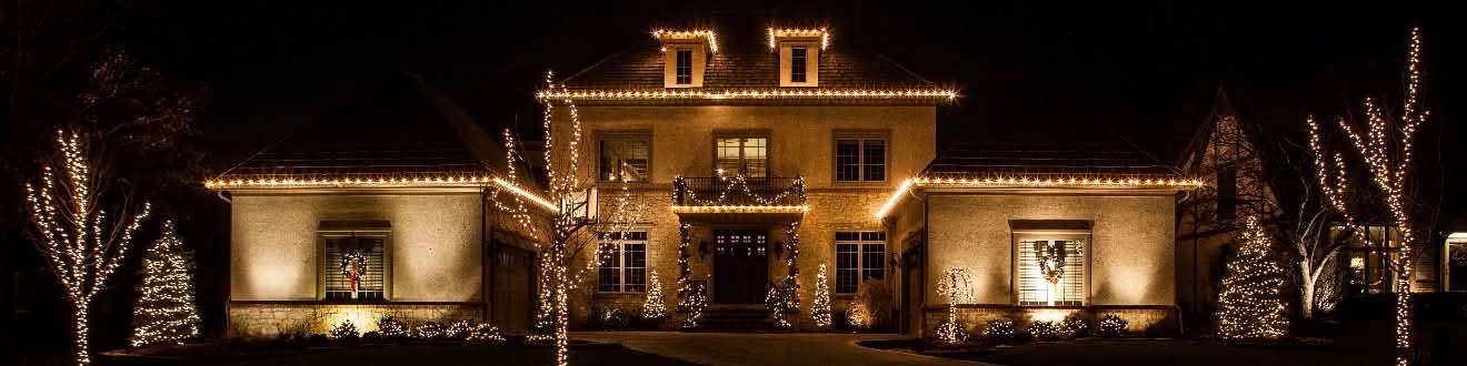 Traditional home with roofline and tree lighting